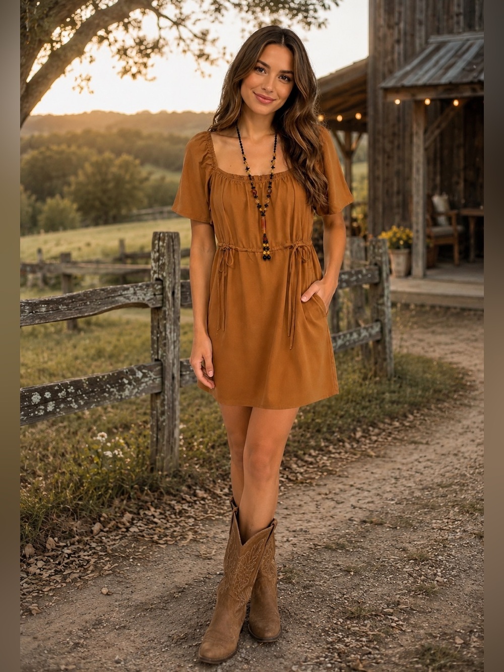 Forever 21 Cinnamon Puff Sleeve Mini Dress + Matching Necklace Size S